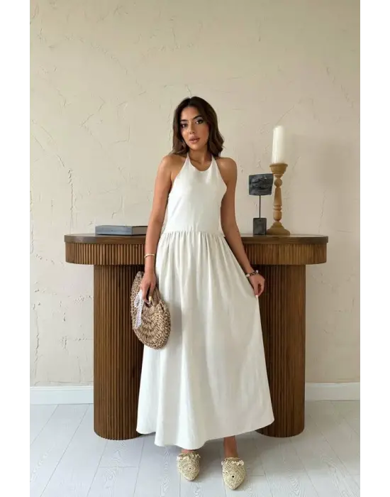 Omarı Keten Elbise Bej Arkalı ve Gipeli