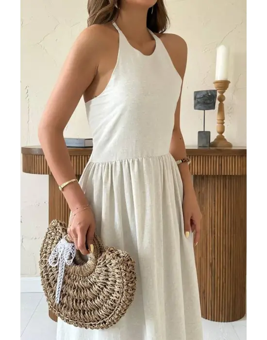 Bej Arkası Gipeli Keten Elbise