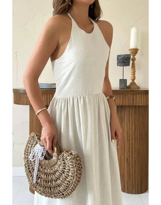 Omarı Keten Elbise Bej Arkalı ve Gipeli