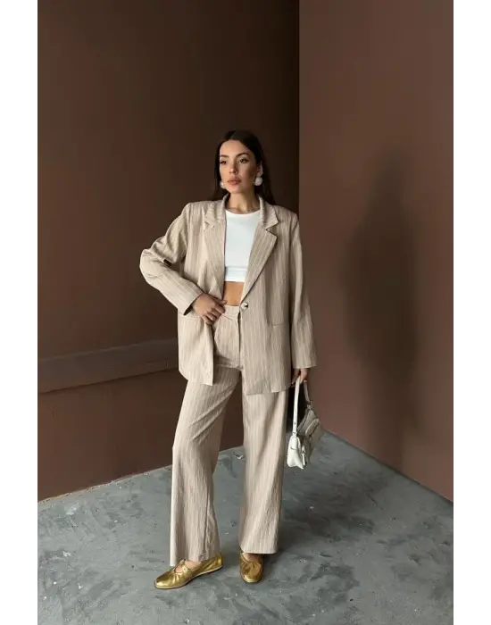 Bej Çizgili Ceket Ve Pantolon Takım