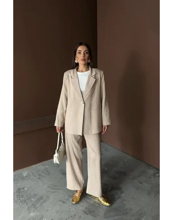 Bej Çizgili Ceket Ve Pantolon Takım