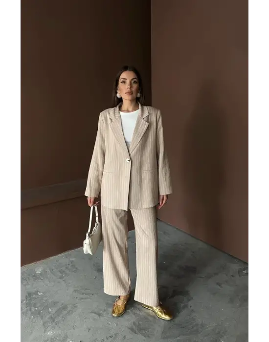 Bej Çizgili Ceket Ve Pantolon Takım