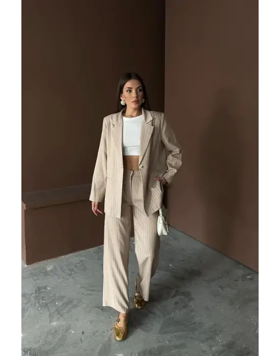 Bej Çizgili Ceket Ve Pantolon Takım