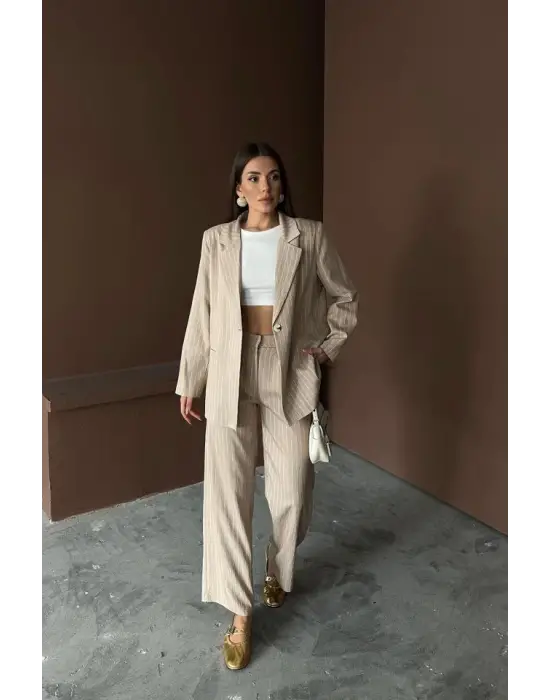 Bej Çizgili Ceket Ve Pantolon Takım