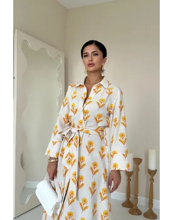 Bej Desenli Ve Önü Düğmeli Keten Elbise