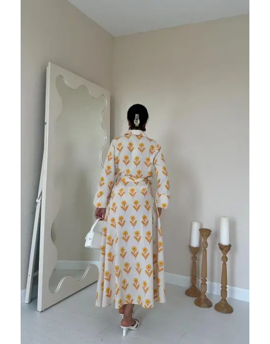 Bej Desenli Ve Önü Düğmeli Keten Elbise