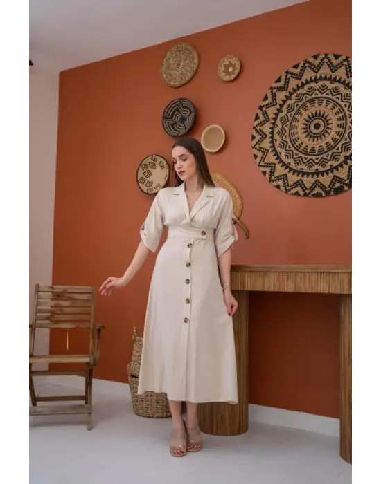Omarı Şık Bej Keten Elbise