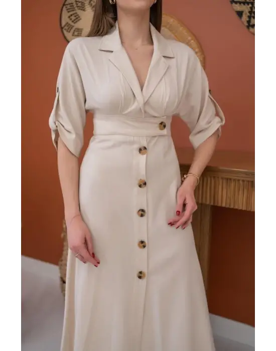 Bej Düğmeli Keten Elbise