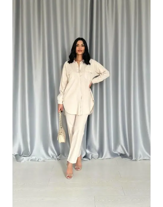 Bej Gömlek Ve Çıtçıtlı Pantolon Takım