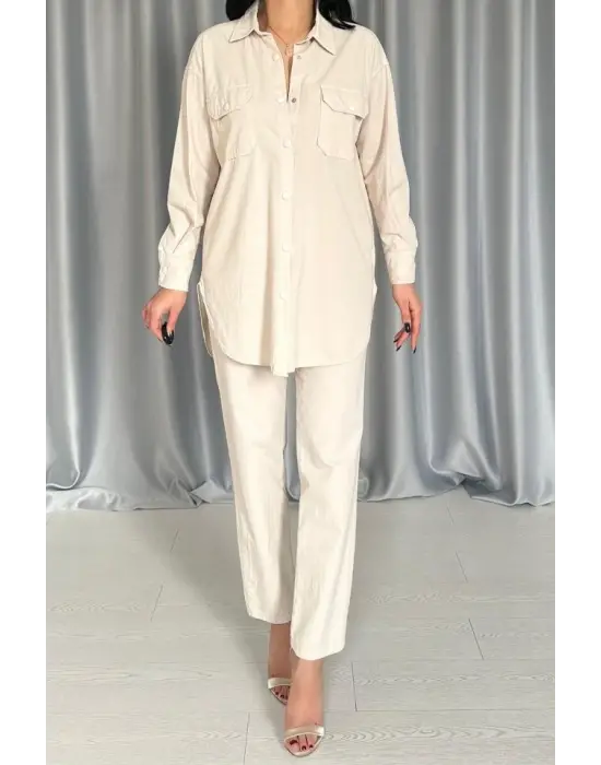 Bej Gömlek Ve Çıtçıtlı Pantolon Takım