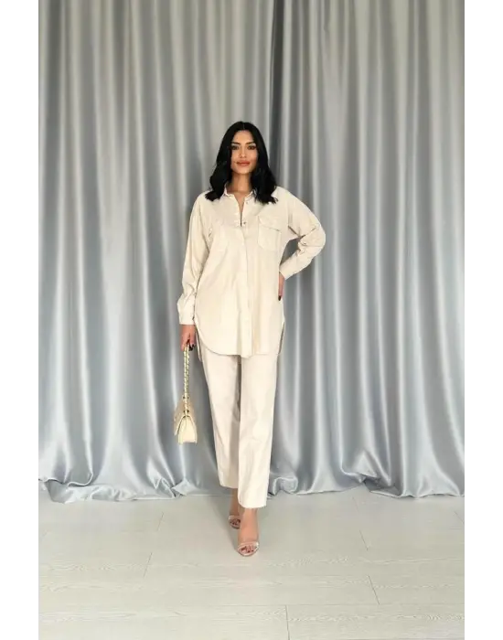 Bej Gömlek Ve Çıtçıtlı Pantolon Takım