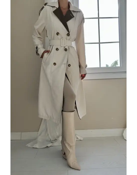 Bej Haki Arkası Çizgili Ve Kemerli Trençkot