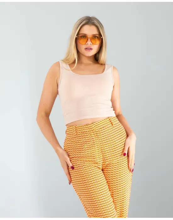 Omarı Kare Yaka Bej Basic Bluz