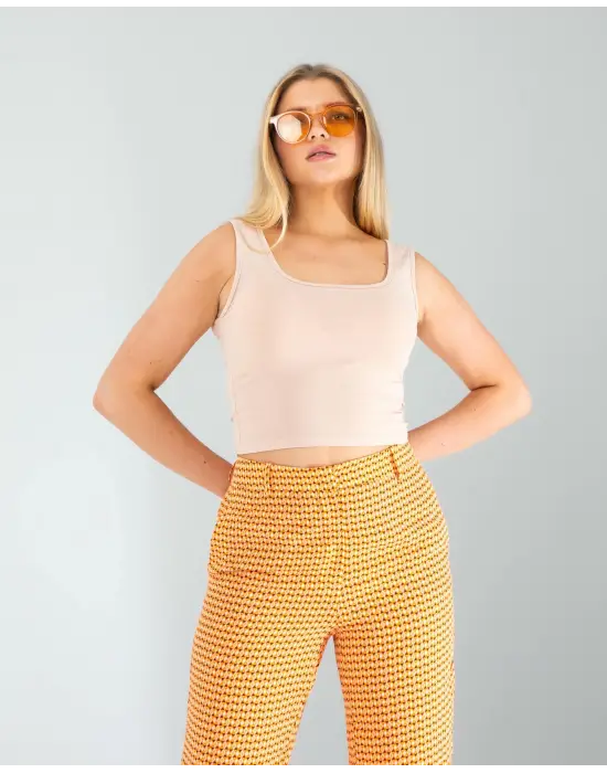 Omarı Kare Yaka Bej Basic Bluz