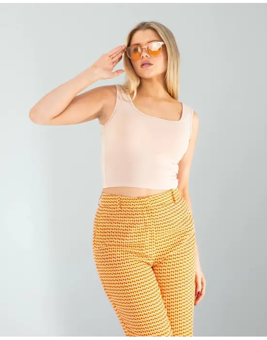 Omarı Kare Yaka Bej Basic Bluz