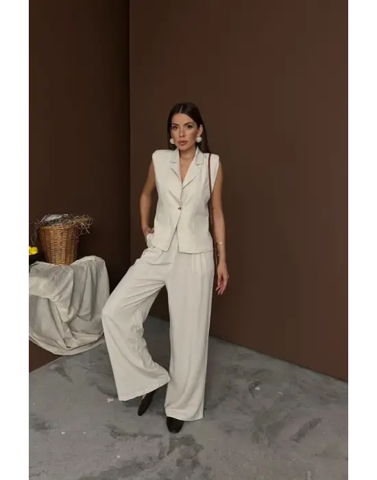 Bej Keten Yelek Pantolon Takım