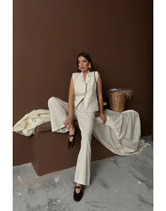 Bej Keten Yelek Pantolon Takım