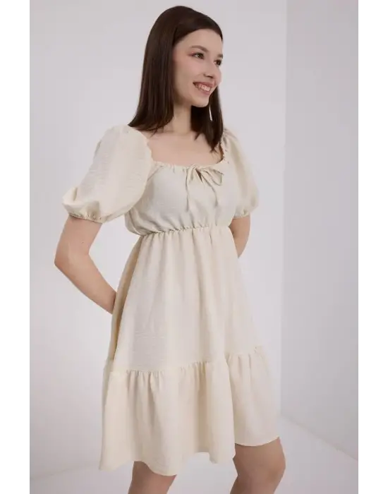 Bej Kloş Keten Elbise 2351