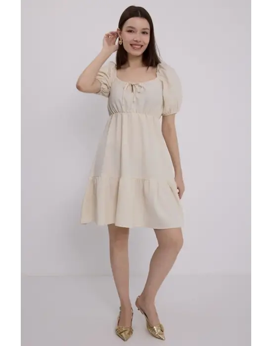 Bej Kloş Keten Elbise 2351