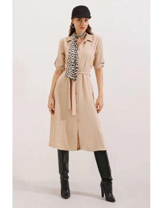 Bej Kuşaklı Gömlek Elbise 2442