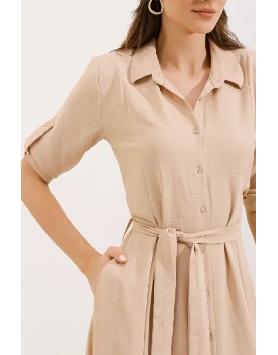 Bej Kuşaklı Gömlek Elbise 2442