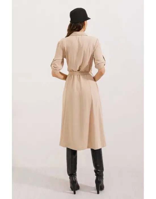 Bej Kuşaklı Gömlek Elbise 2442