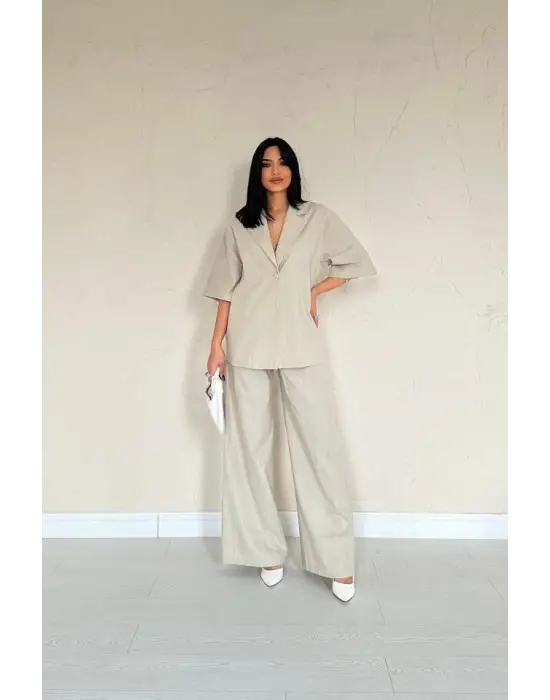 Bej Önü Tek Düğmeli Ceket Pantolon Takım