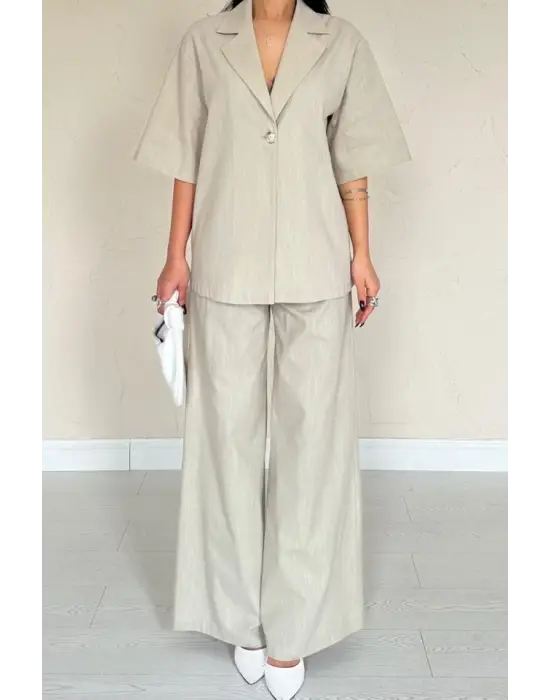 Bej Önü Tek Düğmeli Ceket Pantolon Takım