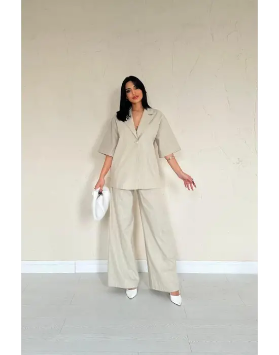 Bej Önü Tek Düğmeli Ceket Pantolon Takım