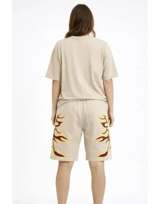 Bej Oversize Baskılı Tişört Şort Takım Cepli Şort Yazlık Rahat Günlük Kombin - Bej