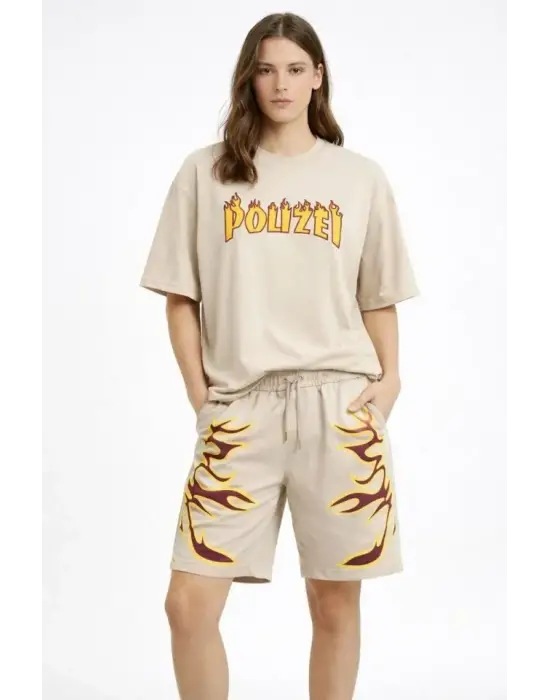 Bej Oversize Baskılı Tişört Şort Takım Cepli Şort Yazlık Rahat Günlük Kombin - Bej