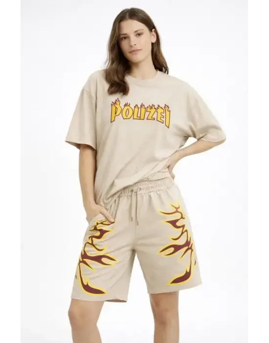 Bej Oversize Baskılı Tişört Şort Takım Cepli Şort Yazlık Rahat Günlük Kombin - Bej