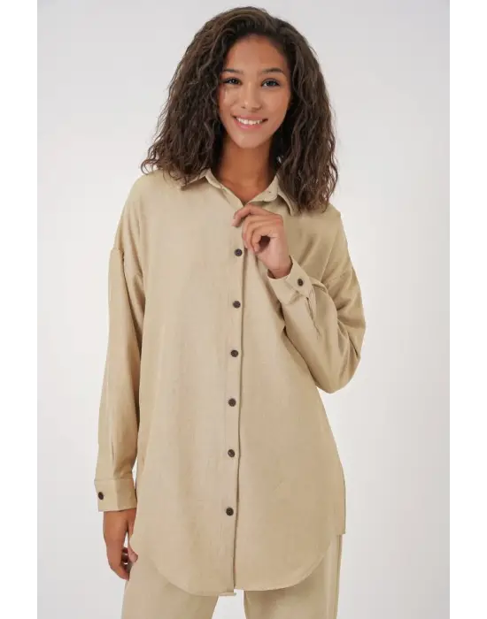 Bej Oversize Keten Alt Üst Takım 6622