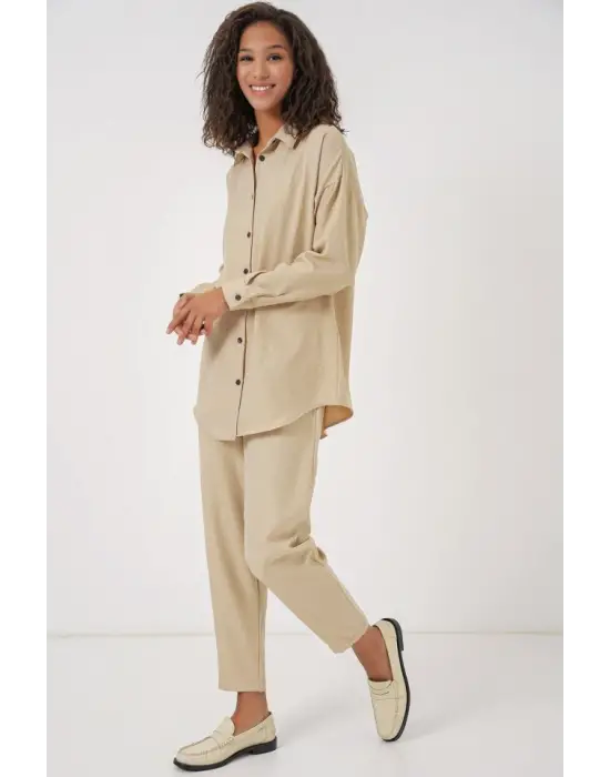 Bej Oversize Keten Alt Üst Takım 6622