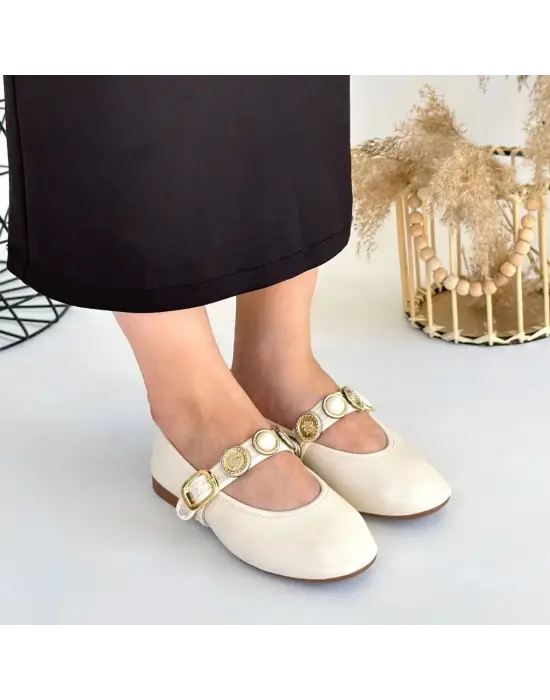 Omarı Rahat ve Şık Bej Cilt Babet Ayakkabı