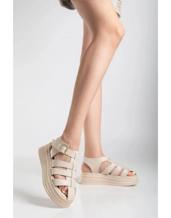 Omarı Sandalet - Bej Cilt Kemerli Tasarım