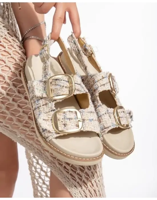 Omarı İnce Topuklu Bej Simli Sandalet