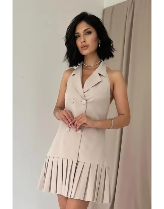 Bej Sırtı Açık Ceket Yakalı Elbise