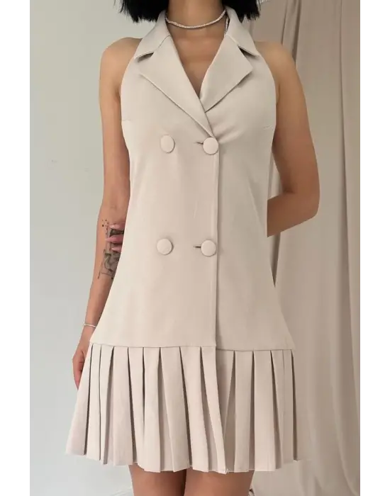 Omarı Sırtı Açık Bej Yakalı Elbise