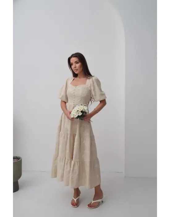 Bej Süs Düğmeli Balon Kollu Elbise