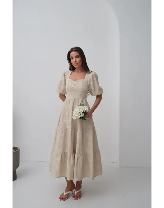 Bej Süs Düğmeli Balon Kollu Elbise