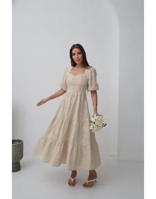 Bej Süs Düğmeli Balon Kollu Elbise