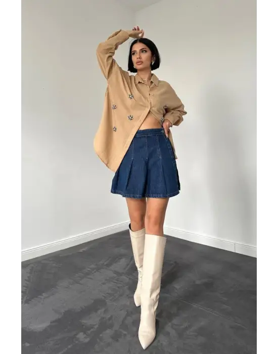 Bej Taş İşlemeli Gömlek