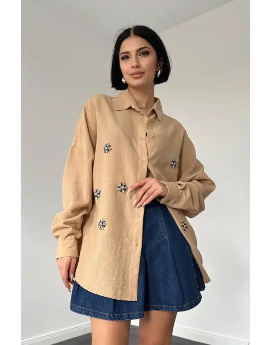 Bej Taş İşlemeli Gömlek