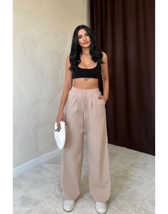 Omarı Yan Şerit Detaylı Bej Pantolon