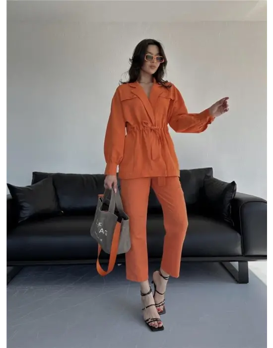 BEL BÜZGÜ DETAYLI PANTOLON - CEKET TAKIM KETEN - Turuncu