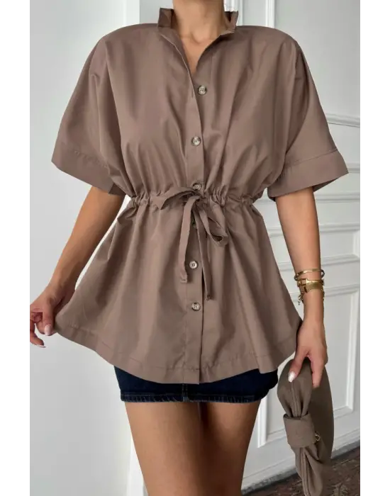 BEL BÜZGÜ DETAYLI POPLİN GÖMLEK - Kahverengi