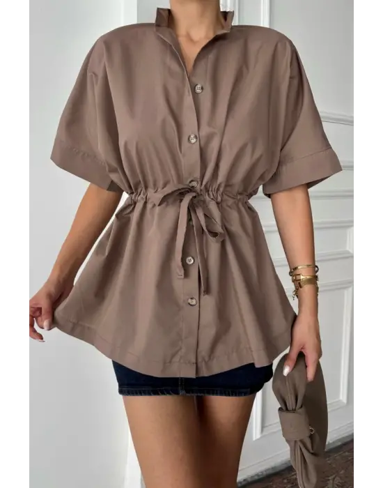 Omarı Rahat Kullanımlı Bel Büküm Detaylı Gömlek - Kahverengi