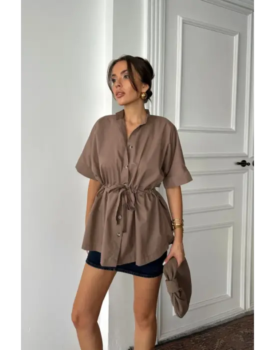 BEL BÜZGÜ DETAYLI POPLİN GÖMLEK - Kahverengi