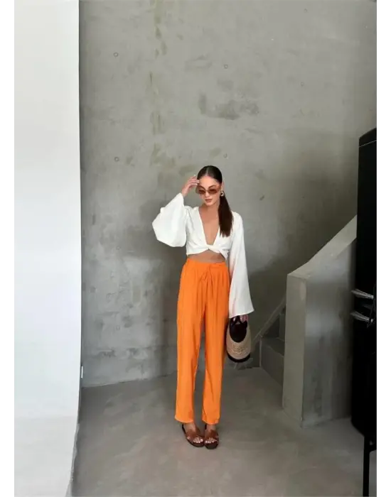 BEL LASTİK DETAYLI MODAL KUMAŞ PANTOLON - Orange